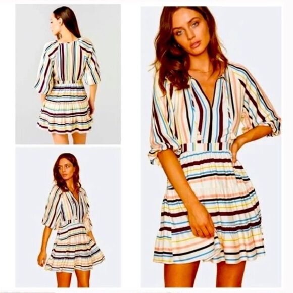 LOST + WANDER Mini Dress Cory Rainbow Cream Sz Medium  Striped Lined Boho - Picture 2 of 15
